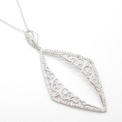 925 Sterling Silver Pave C Z Rhomb Pendant Rolo Chain Necklace 18"