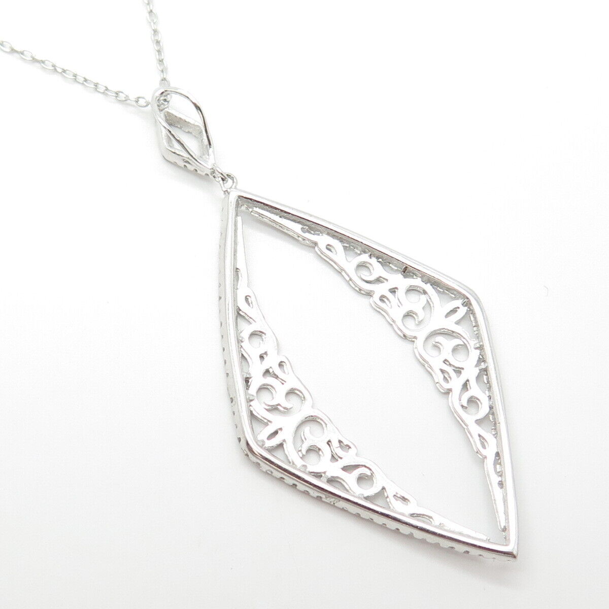 925 Sterling Silver Pave C Z Rhomb Pendant Rolo Chain Necklace 18"