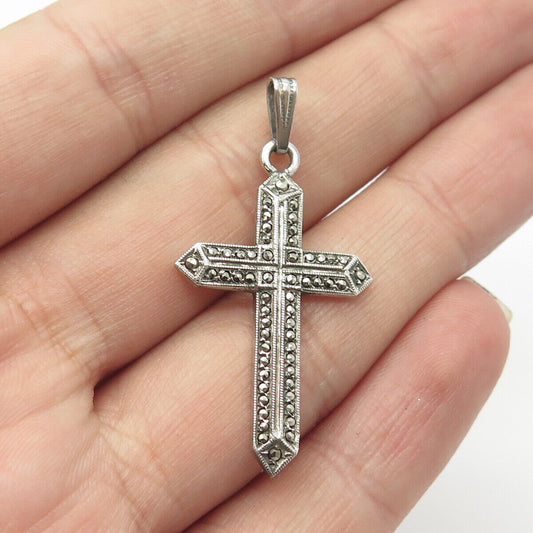 925 Sterling Silver Vintage Real Marcasite Cross Religious Pendant