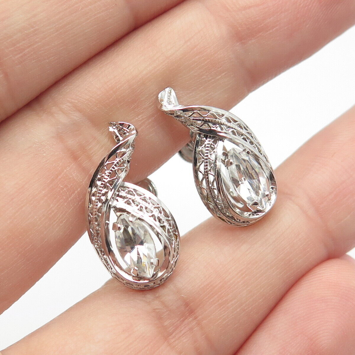 925 Sterling Silver Vintage A&Z Rhinestone Filigree Screw Back Earrings