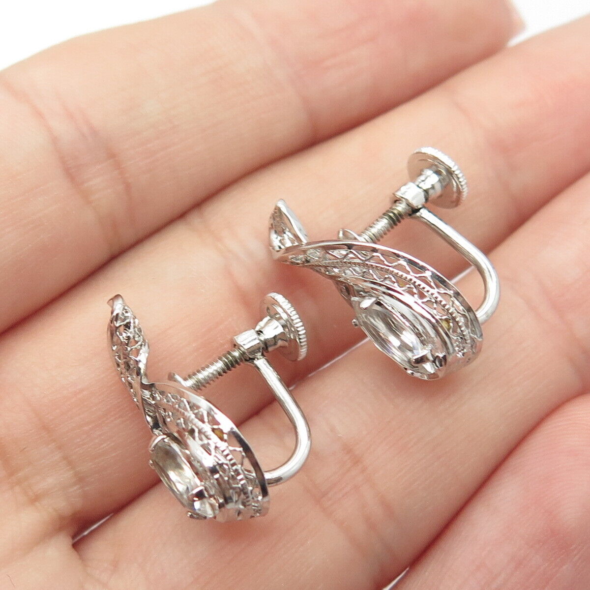 925 Sterling Silver Vintage A&Z Rhinestone Filigree Screw Back Earrings