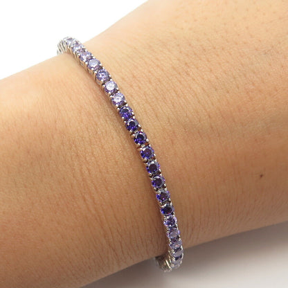 925 Sterling Silver White & Purple C Z Tennis Link Bracelet 7"