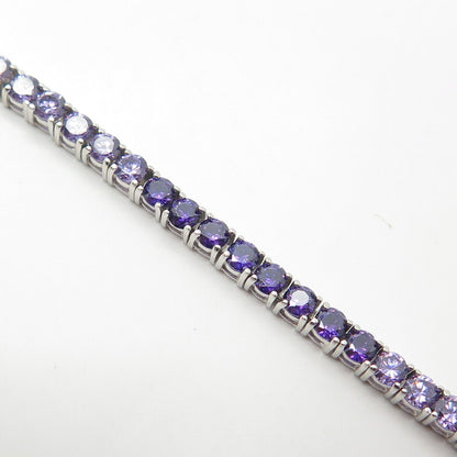 925 Sterling Silver White & Purple C Z Tennis Link Bracelet 7"