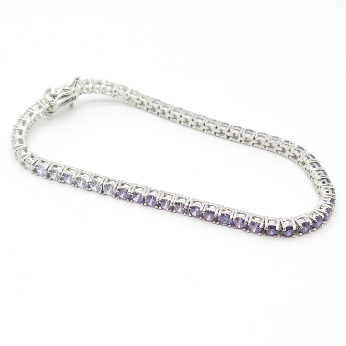 925 Sterling Silver White & Purple C Z Tennis Link Bracelet 7"