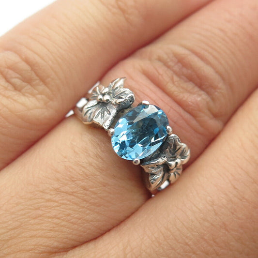 925 Sterling Silver Vintage Real Blue Topaz Gem Floral Ring Size 5.25