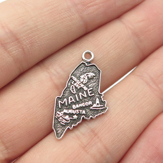 925 Sterling Silver Vintage Maine US "The Pine Tree State" Map Charm Pendant