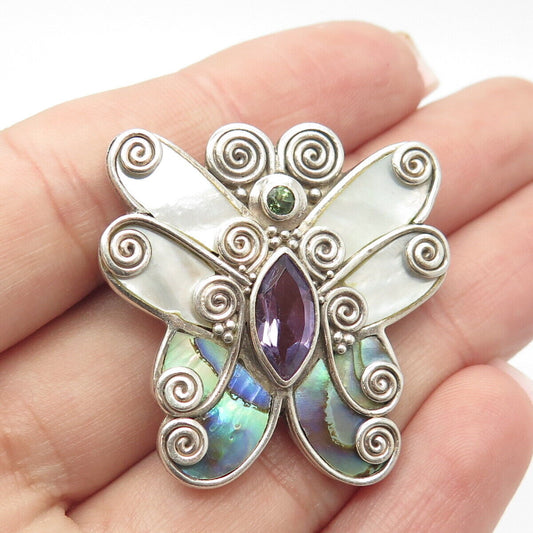 925 Sterling Silver Vintage Sajen MOP Abalone Shell Amethyst Gem Brooch/Pendant