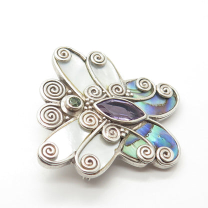 925 Sterling Silver Vintage Sajen MOP Abalone Shell Amethyst Gem Brooch/Pendant