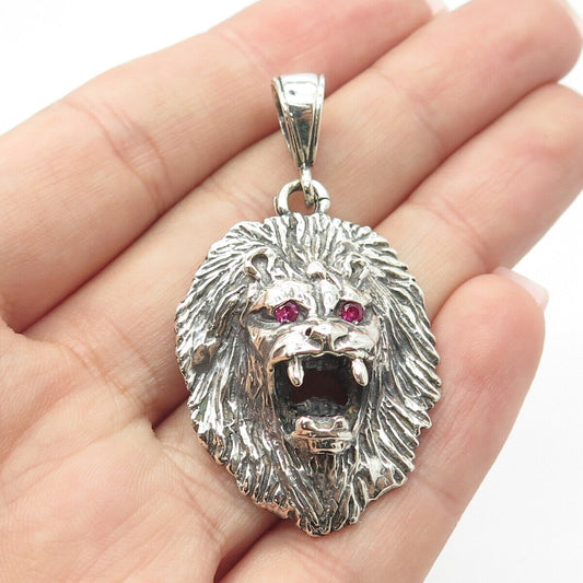 925 Sterling Silver Vintage Lab-Created Ruby Lion Pendant