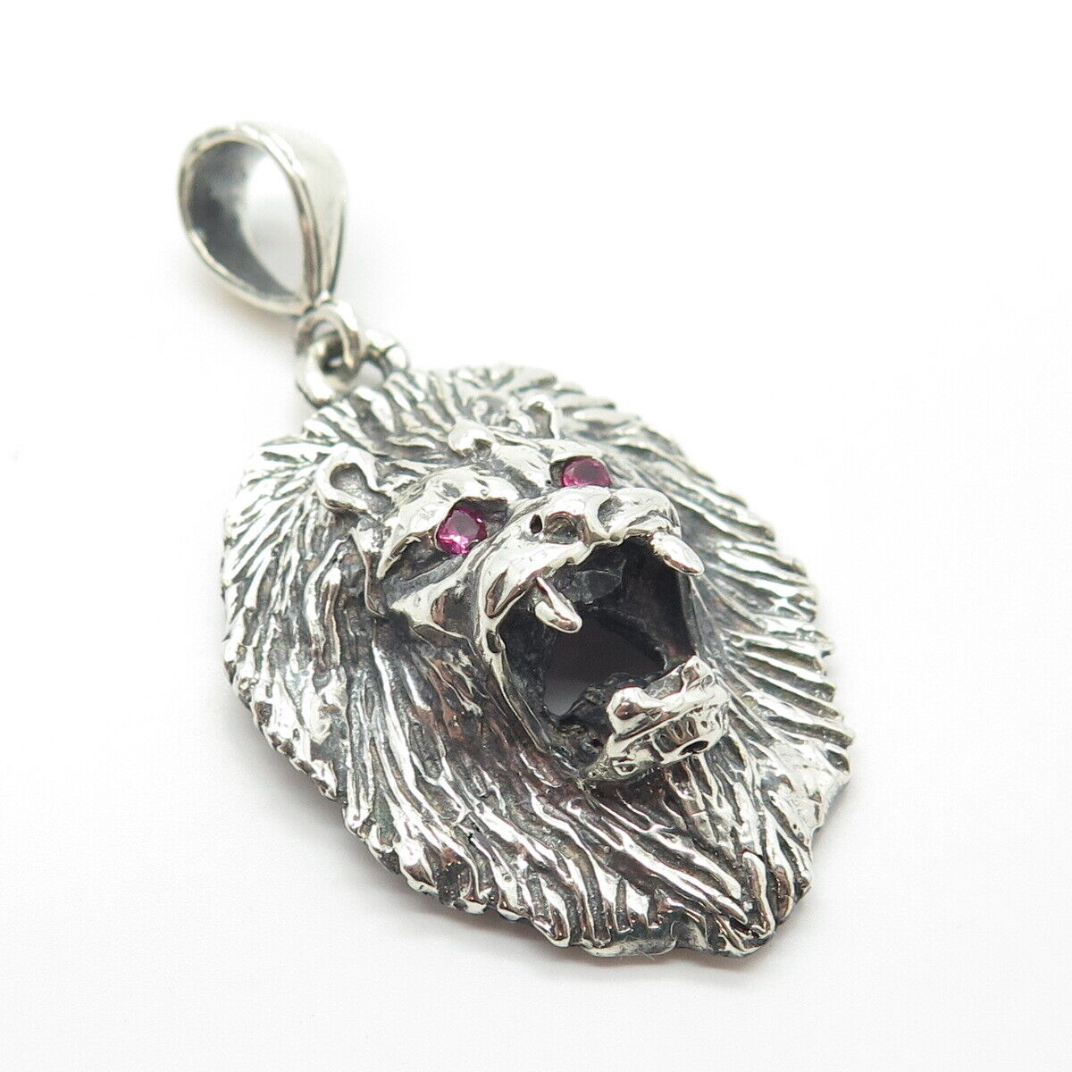 925 Sterling Silver Vintage Lab-Created Ruby Lion Pendant