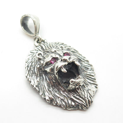 925 Sterling Silver Vintage Lab-Created Ruby Lion Pendant