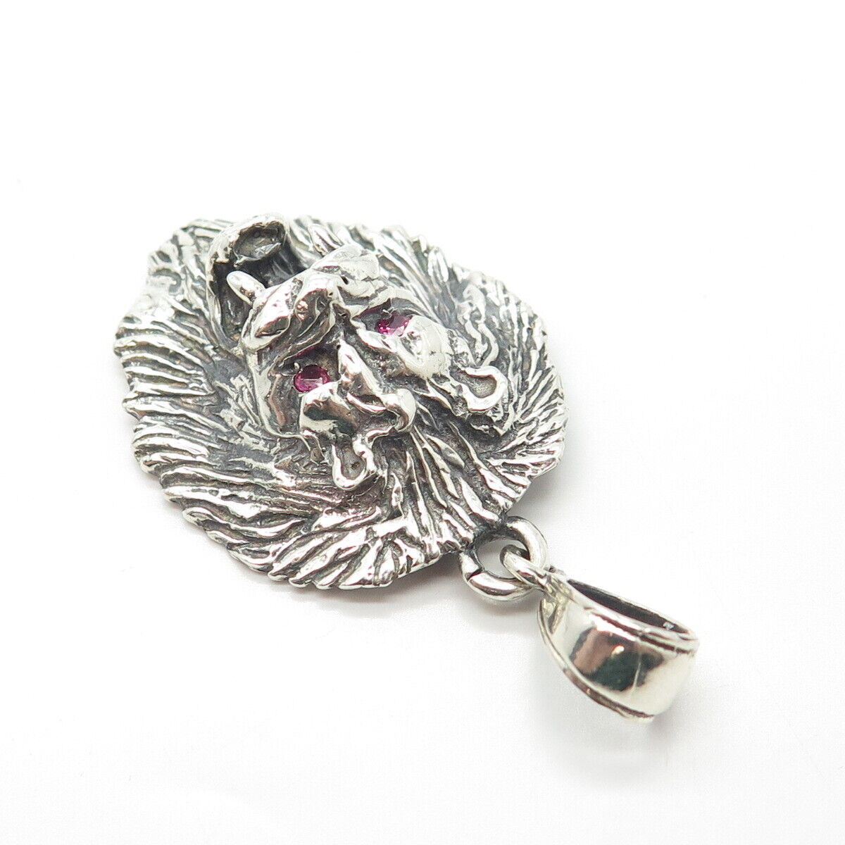 925 Sterling Silver Vintage Lab-Created Ruby Lion Pendant