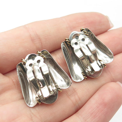 925 Sterling Silver 2-Tone Vintage Mexico Ribbed Clip On Earrings