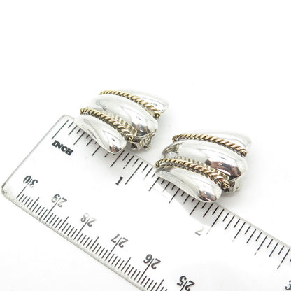 925 Sterling Silver 2-Tone Vintage Mexico Ribbed Clip On Earrings