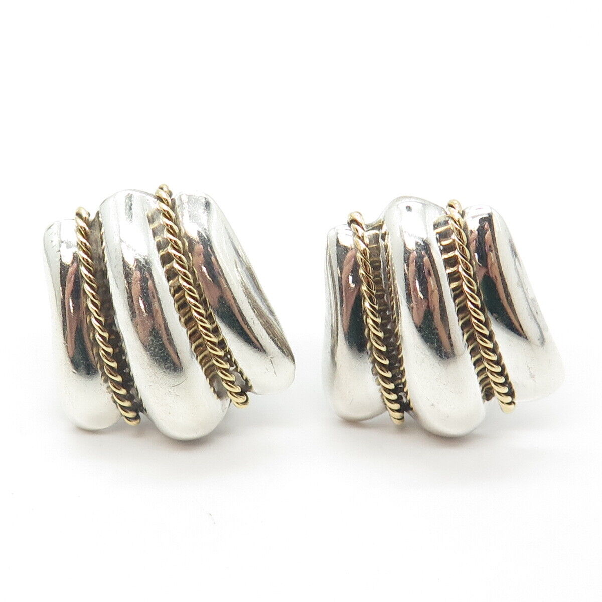 925 Sterling Silver 2-Tone Vintage Mexico Ribbed Clip On Earrings