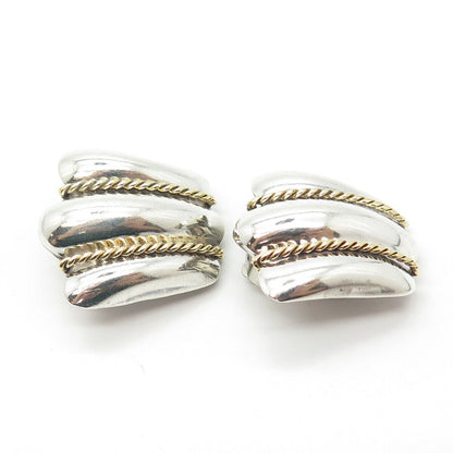 925 Sterling Silver 2-Tone Vintage Mexico Ribbed Clip On Earrings