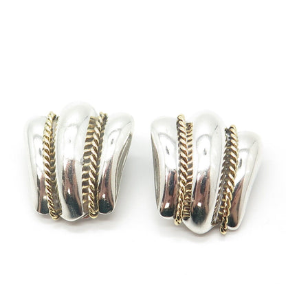 925 Sterling Silver 2-Tone Vintage Mexico Ribbed Clip On Earrings