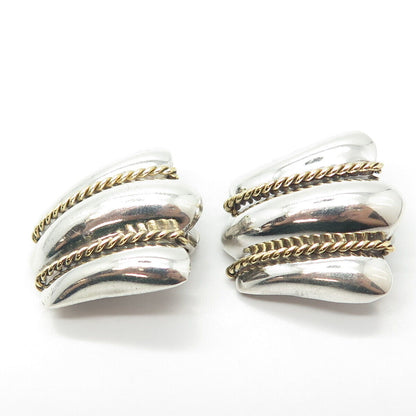 925 Sterling Silver 2-Tone Vintage Mexico Ribbed Clip On Earrings