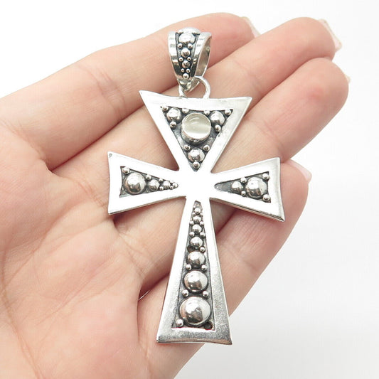 925 Sterling Silver Vintage Suarti Bali Real Moonstone Gem Cross Beaded Pendant