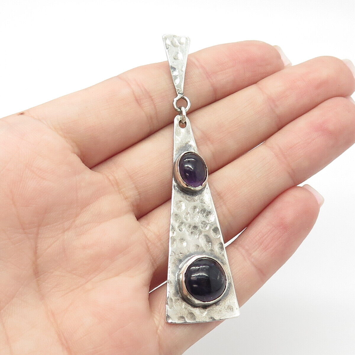 925 Sterling Silver Vintage Real Amethyst Gemstone Hammered Finish Pendant