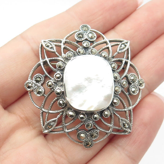 925 Sterling Silver Vintage Real Mother-of-Pearl & Marcasite Gemstone Pin Brooch