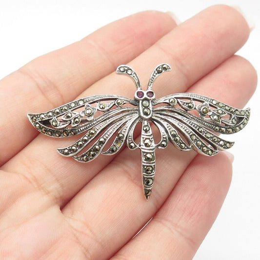 925 Sterling Silver Vintage Real Ruby & Marcasite Gemstone Butterfly Pin Brooch