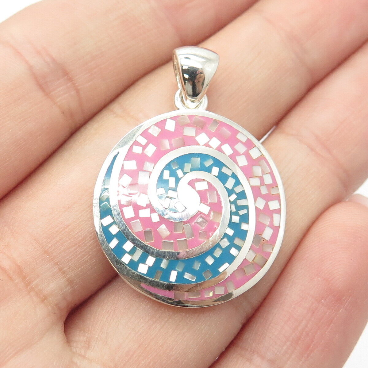 925 Sterling Silver Mother-of-Pearl & Enamel Swirl Pendant