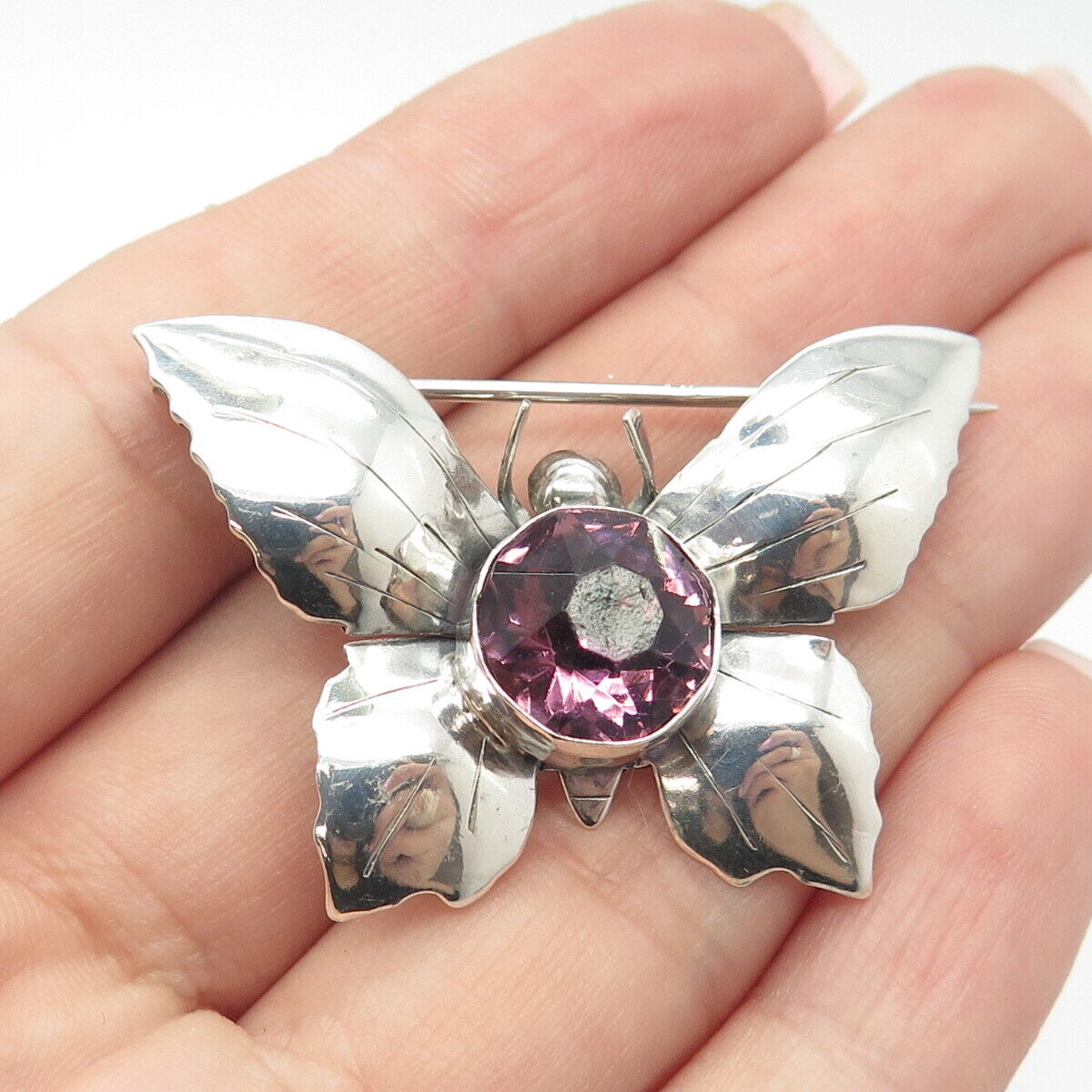 925 Sterling Silver Vintage Real Amethyst Gemstone Butterfly Pin Brooch