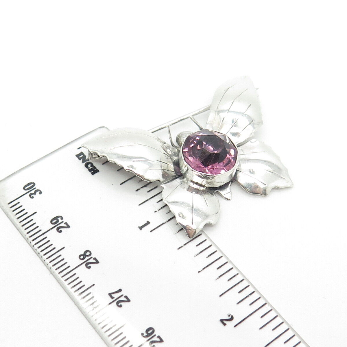 925 Sterling Silver Vintage Real Amethyst Gemstone Butterfly Pin Brooch