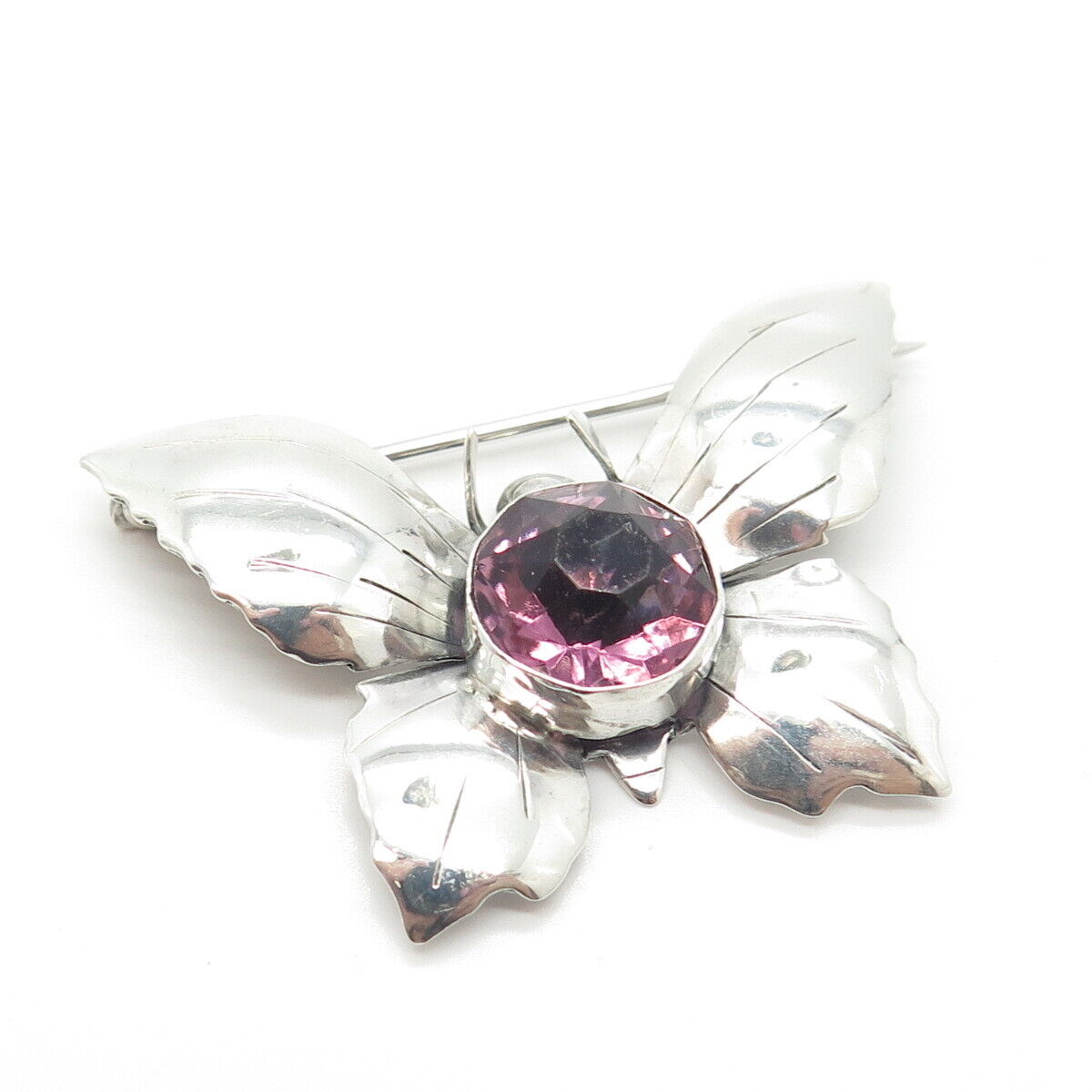 925 Sterling Silver Vintage Real Amethyst Gemstone Butterfly Pin Brooch