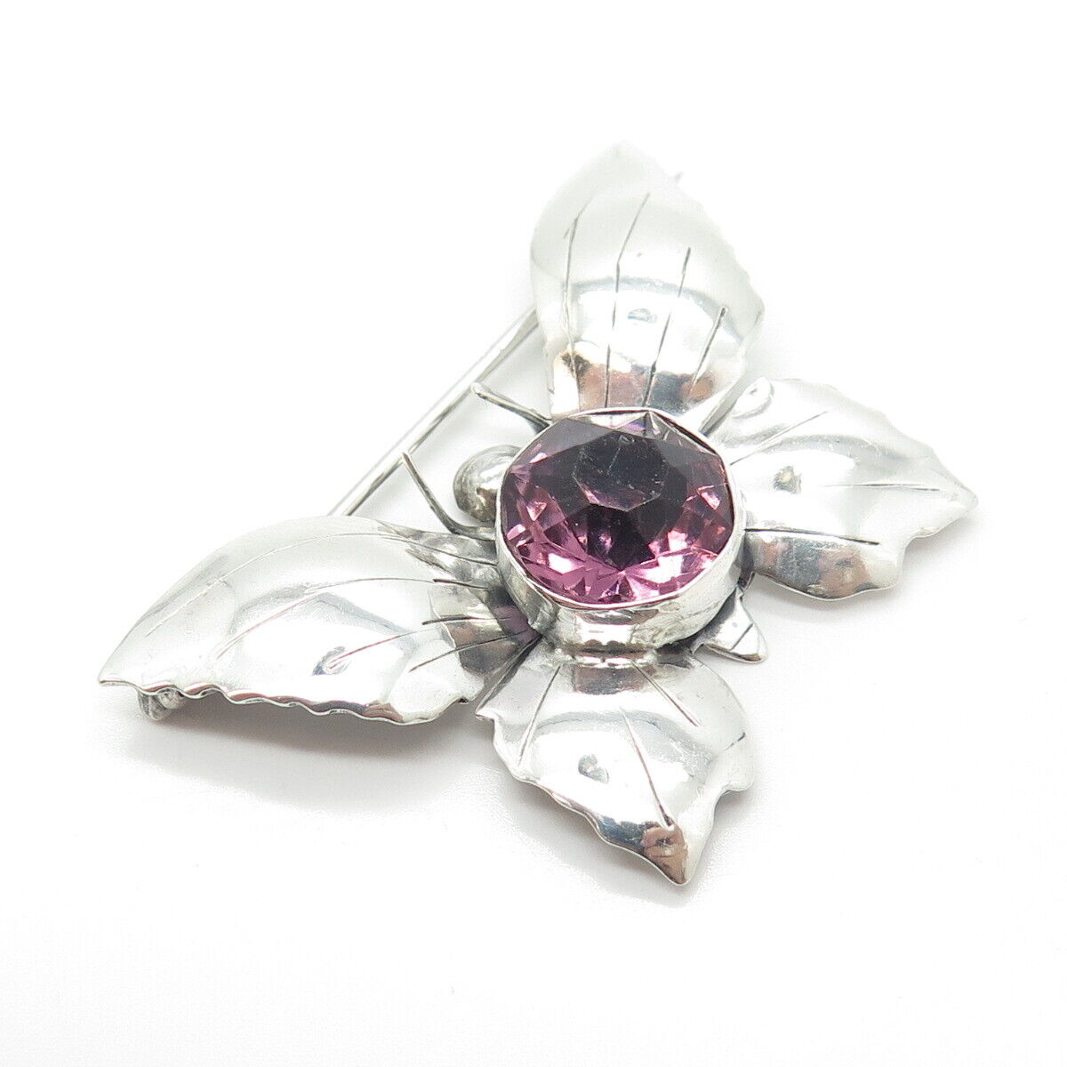 925 Sterling Silver Vintage Real Amethyst Gemstone Butterfly Pin Brooch