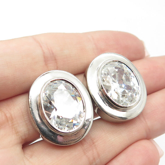 925 Sterling Silver Vintage Oval-Cut C Z Clip On Earrings