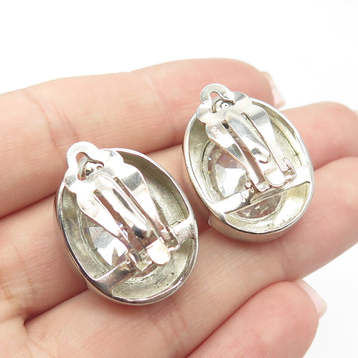 925 Sterling Silver Vintage Oval-Cut C Z Clip On Earrings