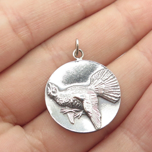 925 Sterling Silver Vintage Partridge Bird Round Pendant