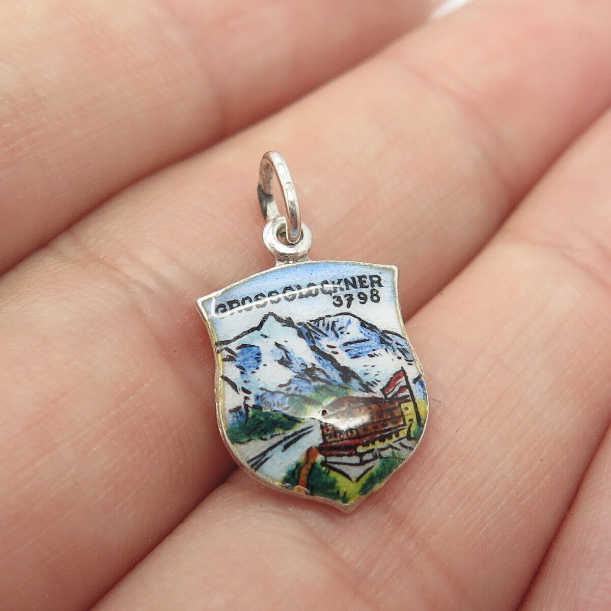 800 Silver Vintage KW Austria Enamel Grossglockner Shield Charm Pendant