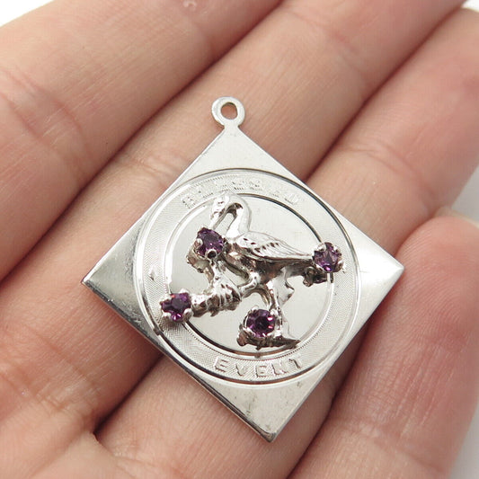 925 Sterling Silver Vintage Amethyst "Blessed Event" Stork Bird Pendant