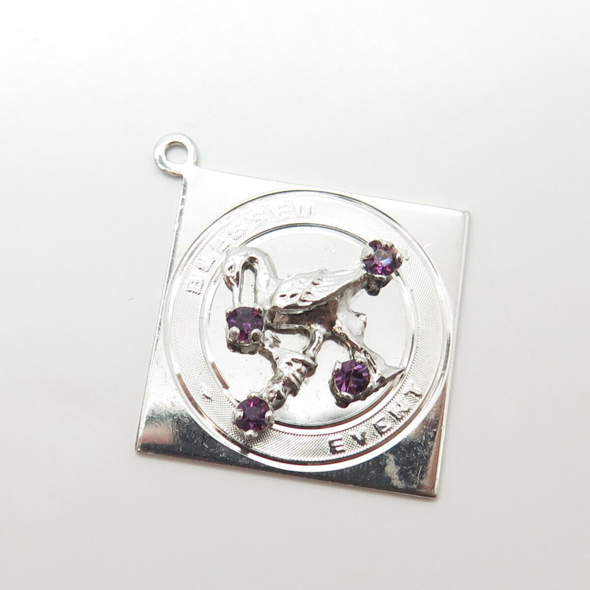 925 Sterling Silver Vintage Amethyst "Blessed Event" Stork Bird Pendant