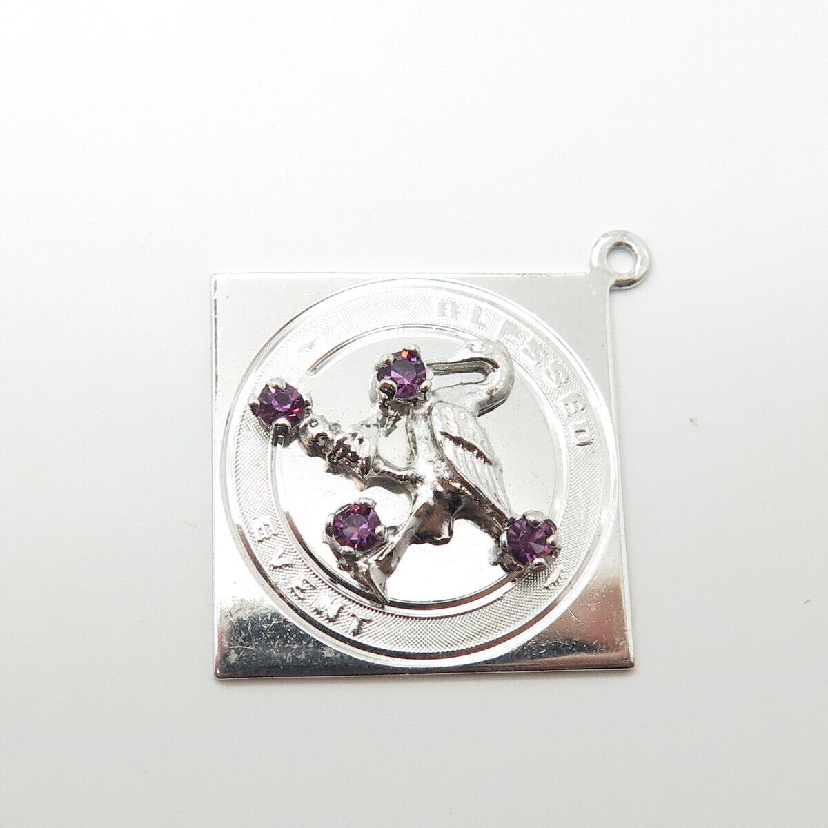 925 Sterling Silver Vintage Amethyst "Blessed Event" Stork Bird Pendant