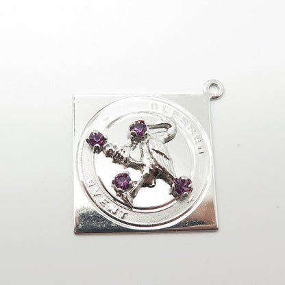 925 Sterling Silver Vintage Amethyst "Blessed Event" Stork Bird Pendant