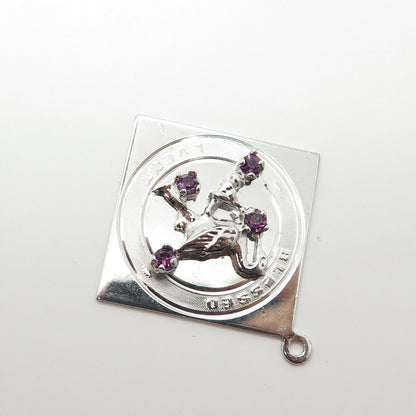925 Sterling Silver Vintage Amethyst "Blessed Event" Stork Bird Pendant