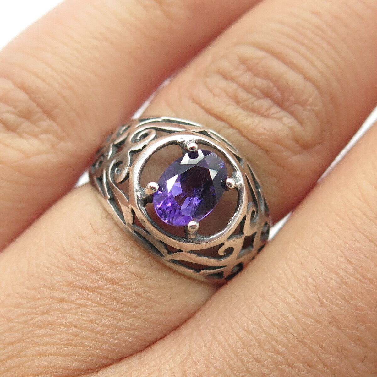 925 Sterling Silver Vintage Real Amethyst Gem Scroll Ring Size 6