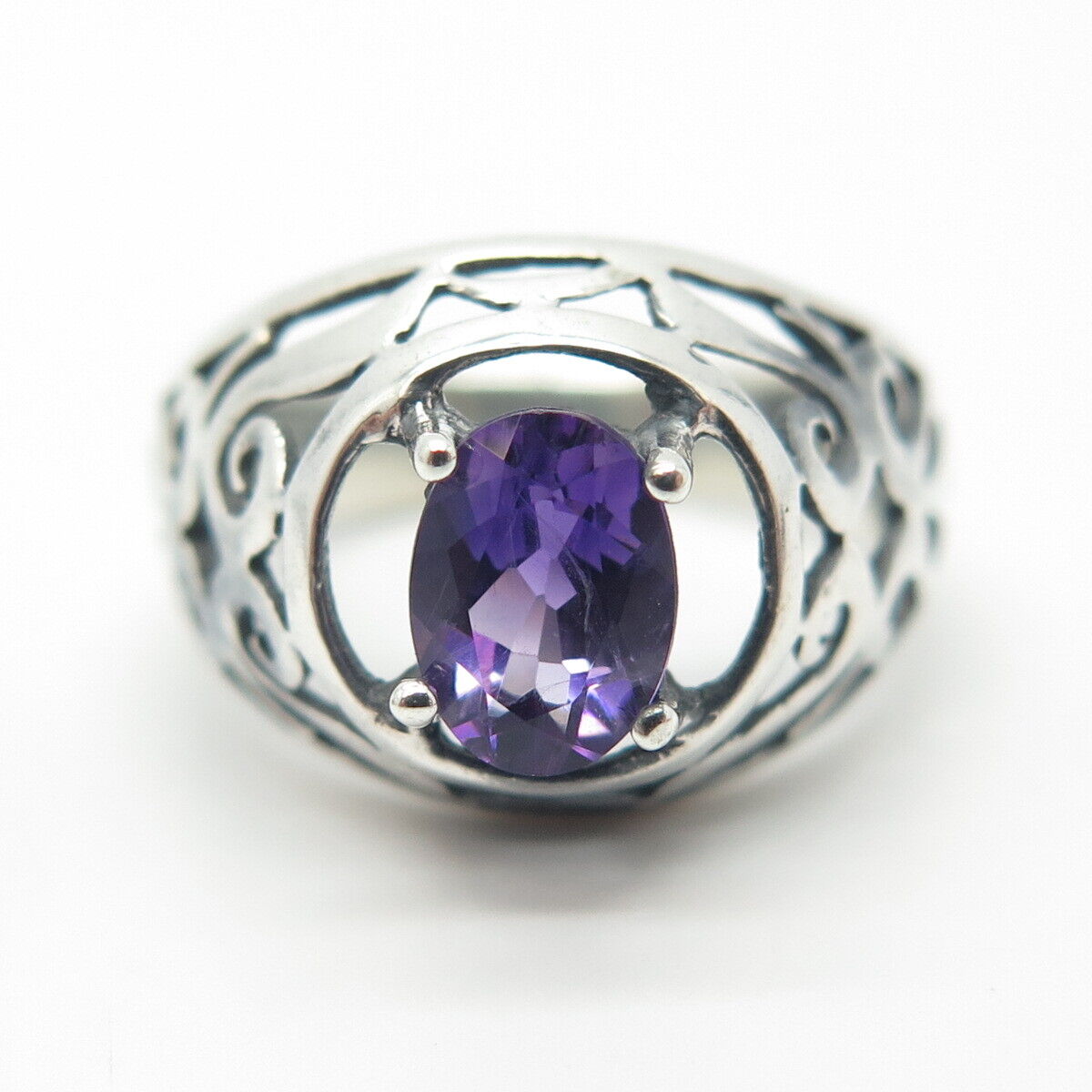 925 Sterling Silver Vintage Real Amethyst Gem Scroll Ring Size 6