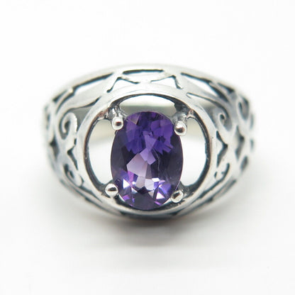 925 Sterling Silver Vintage Real Amethyst Gem Scroll Ring Size 6