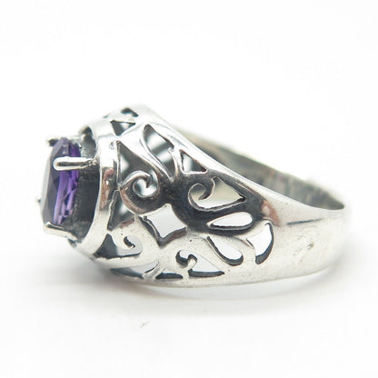 925 Sterling Silver Vintage Real Amethyst Gem Scroll Ring Size 6