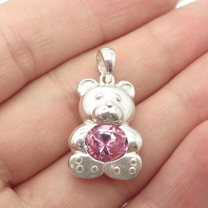 925 Sterling Silver Pink C Z Teddy Bear Pendant