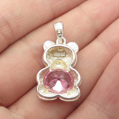 925 Sterling Silver Pink C Z Teddy Bear Pendant