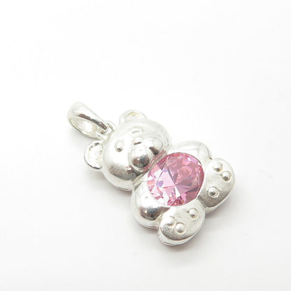 925 Sterling Silver Pink C Z Teddy Bear Pendant