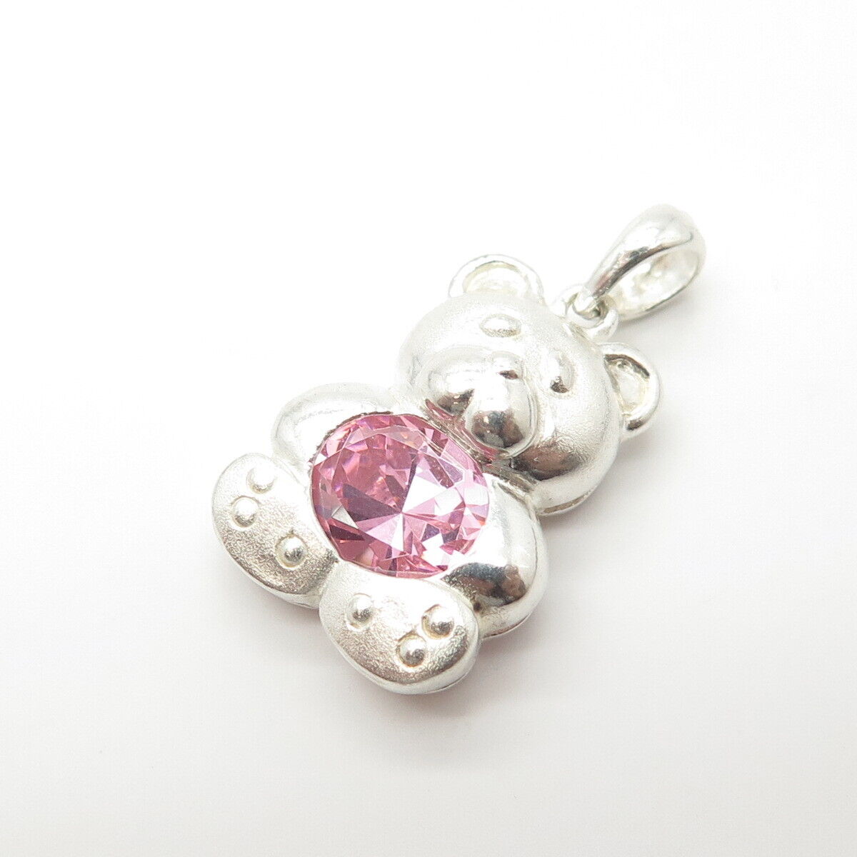 925 Sterling Silver Pink C Z Teddy Bear Pendant