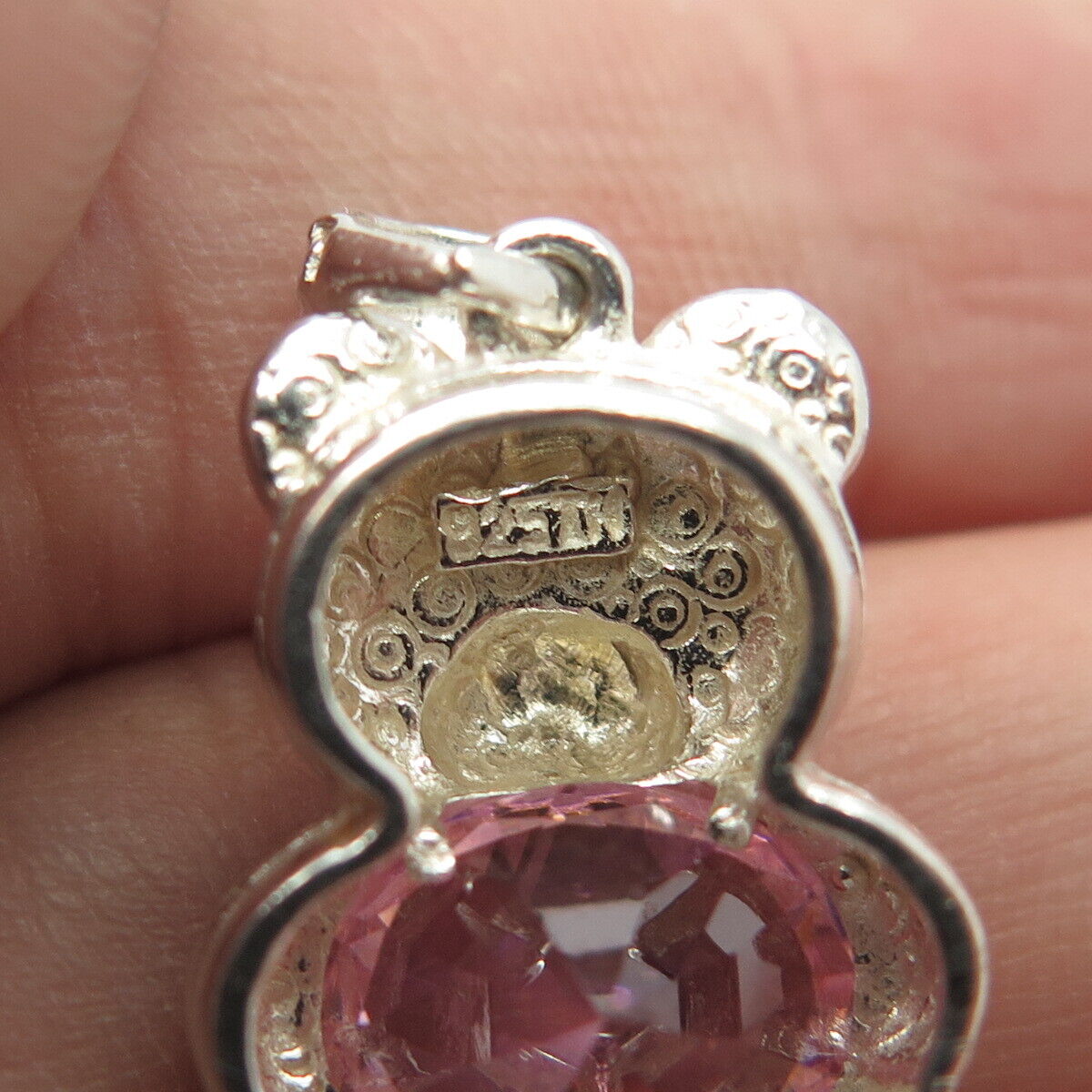 925 Sterling Silver Pink C Z Teddy Bear Pendant