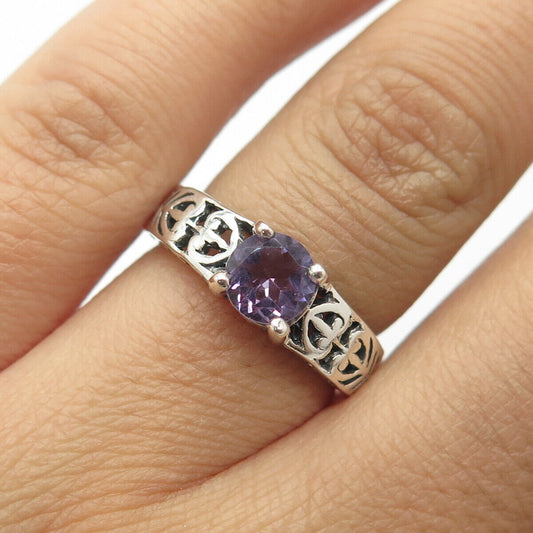 925 Sterling Silver Vintage Real Amethyst Heart & Fleur de Lis Ring Size 6.25